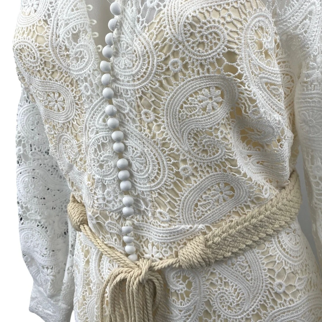 NEW L'atiste White Paisley Lace Long Sleeve Belted Midi A-Line Shirt Dress Sz M - Image 5