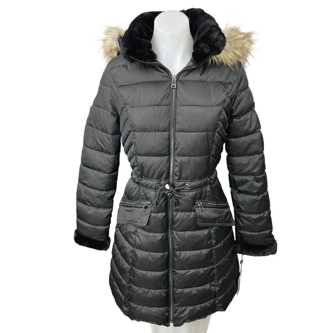 NEW Laundry by Shelli Segal Black Faux Fur Hooded Quilted Puffer Coat Jacket XS