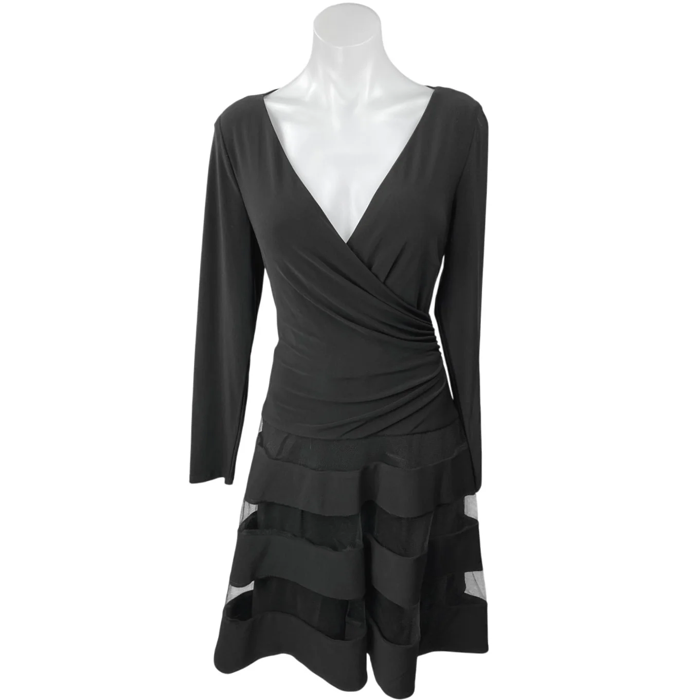 NEW LAUREN Ralph Lauren Black Tulle-Trim Faux Wrap Jersey Fit & Flare Dress 10