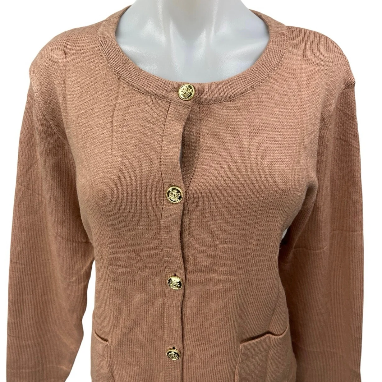 NEW Lillusory Brown Knit Long Sleeve Gold Button Down Cardigan Sweaters Top M - Image 3