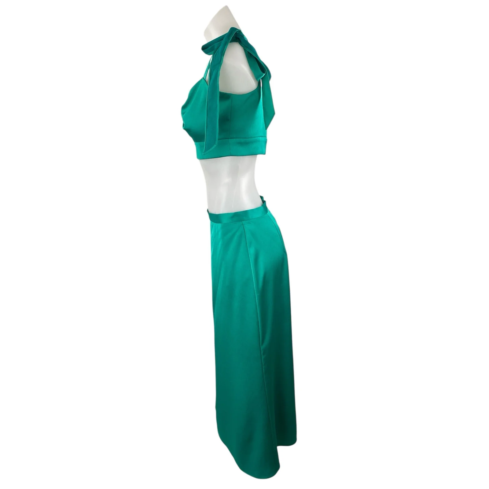 NEW Liv Foster Women's Green Satin Twist Front Crop Top Midi A-Line Skirt Set 6 - Image 3