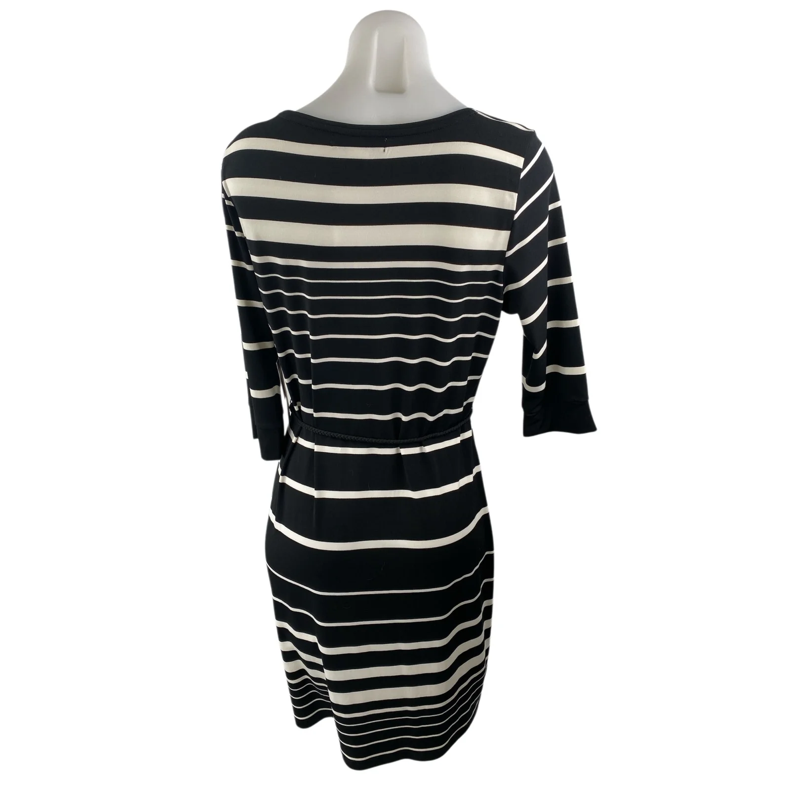 NEW Liz Claiborne Black White Striped Half Sleeve Tie Waist Mini Sheath Dress M - Image 4