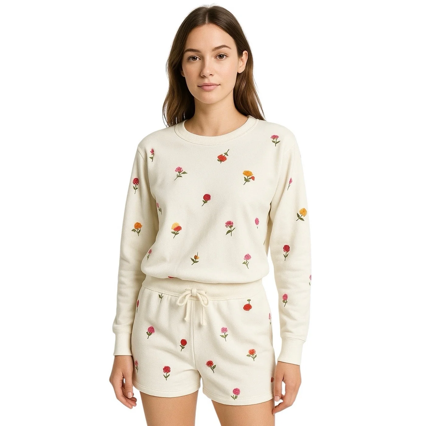 NEW Lou & Grey White Embroidered Long Sleeve Sweatshirt Shorts 2 Pc Set Size M - Image 2