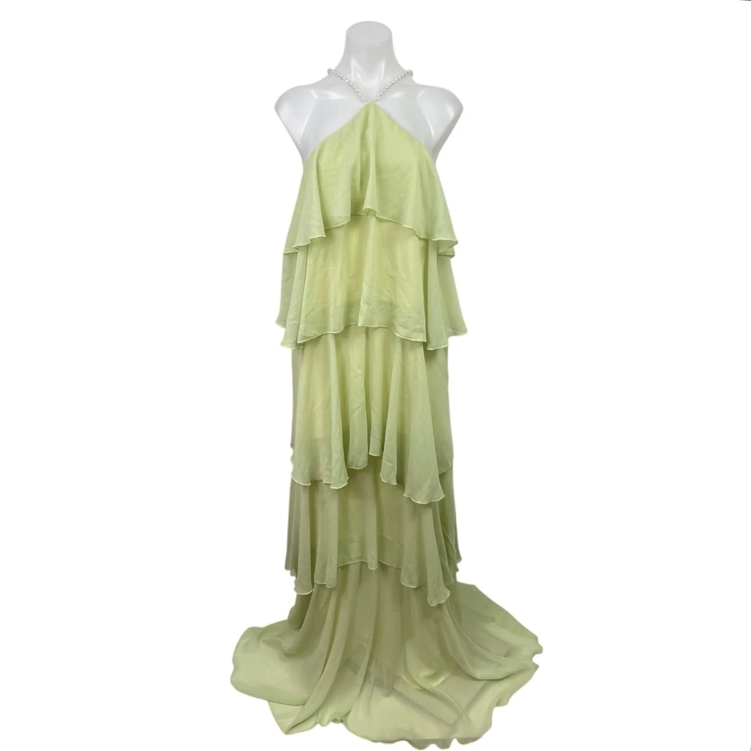 NEW Loveless Mother Of Pearl Yellow Halter Maxi Tiered Flared A-Line Dress  Sz L