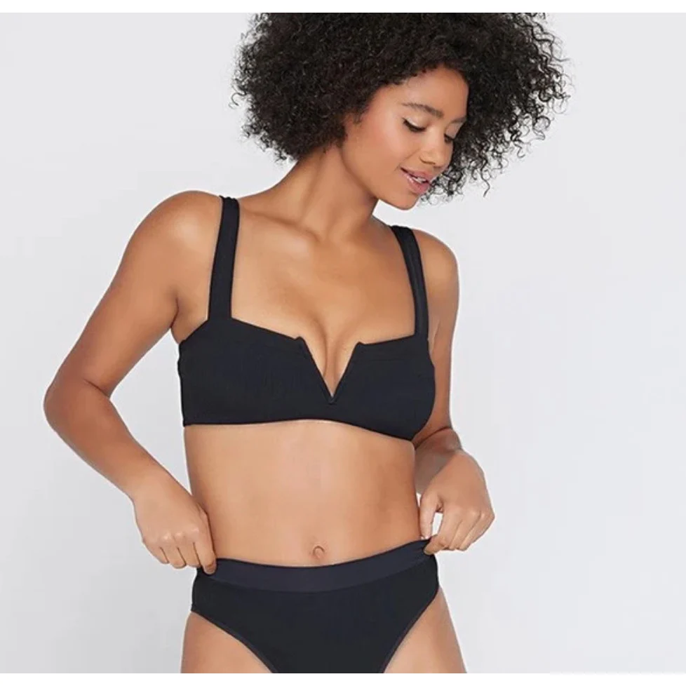 NEW L'Space Lee Lee Black Sculpt Ribbed Knit V Neck Sleeveless Bikini Top Sz XS - Image 3