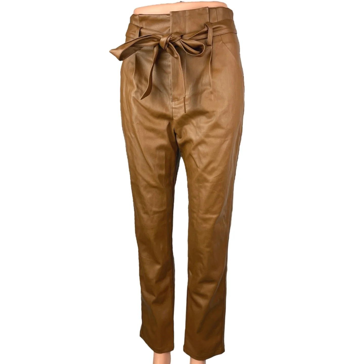 NEW Lucy Paris Brown Faux Vegan Leather High Waist Tie Belt Trousers Pants Sz S