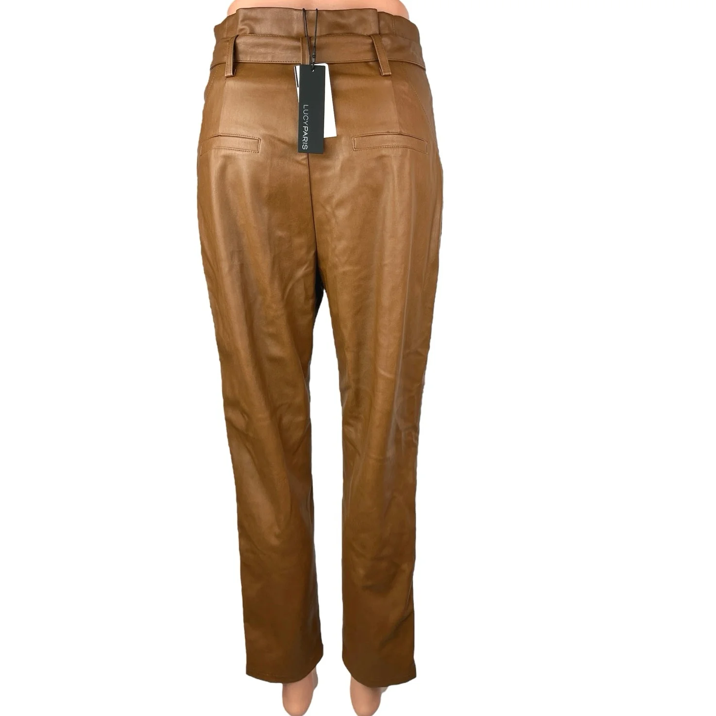 NEW Lucy Paris Brown Faux Vegan Leather High Waist Tie Belt Trousers Pants Sz S - Image 3