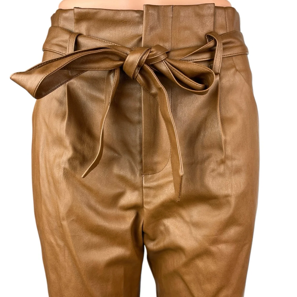 NEW Lucy Paris Brown Faux Vegan Leather High Waist Tie Belt Trousers Pants Sz S - Image 4