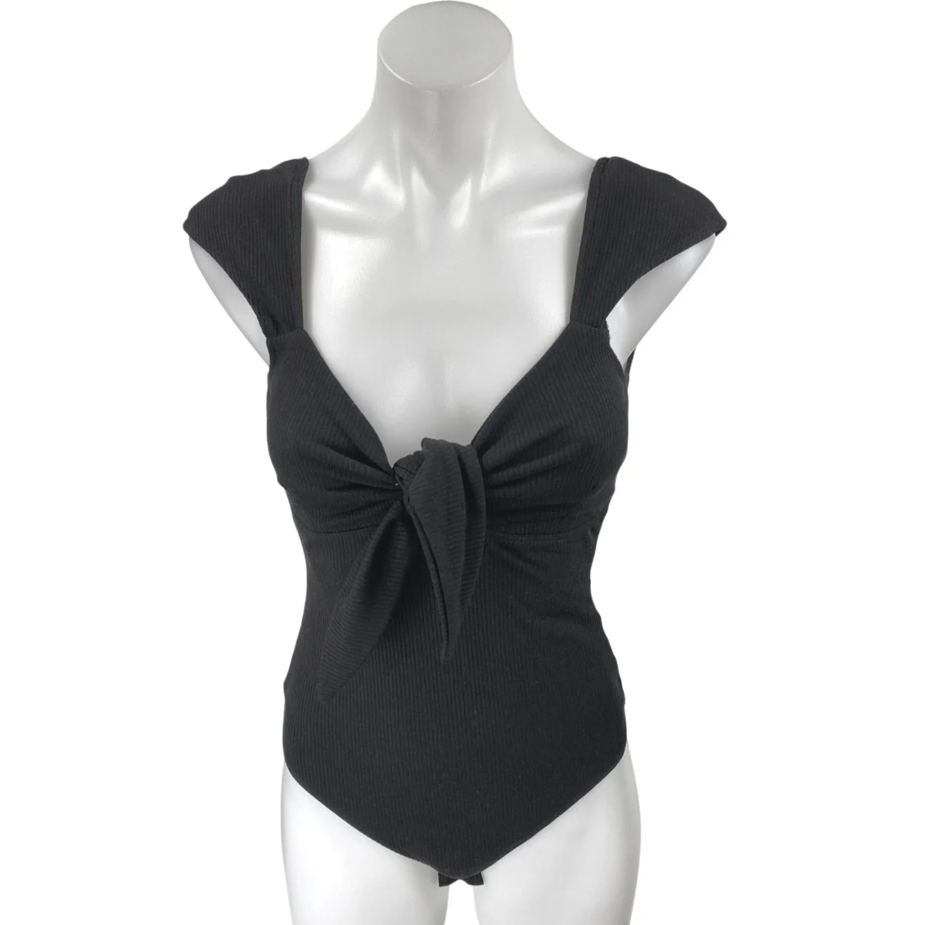 NEW Lulus Black Short Cap Sleeve Tie Ribbed Knit Sculpt Bodysuit Top Size S