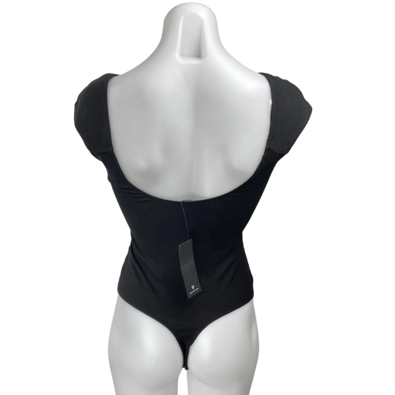 NEW Lulus Black Short Cap Sleeve Tie Ribbed Knit Sculpt Bodysuit Top Size S - Image 2