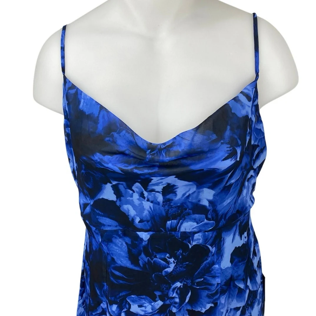 NEW Lulus Blue Floral Silk Satin Cami Camisole Cowl Neck Midi Slip Tank Dress XL - Image 3