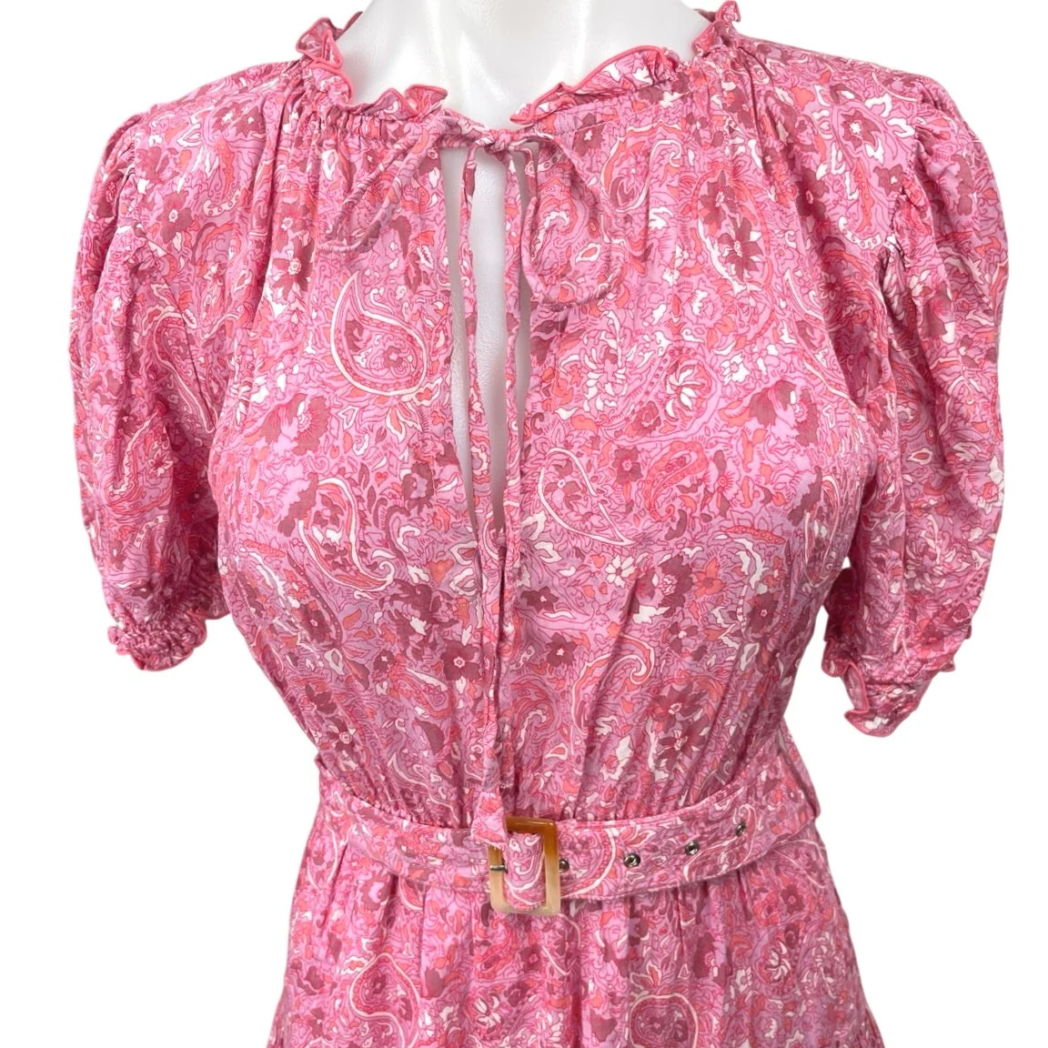 NEW Lusana Ayla Pink Paisley Puff Sleeve Belted Tiered Mini Fit & Flare Dress S - Image 3