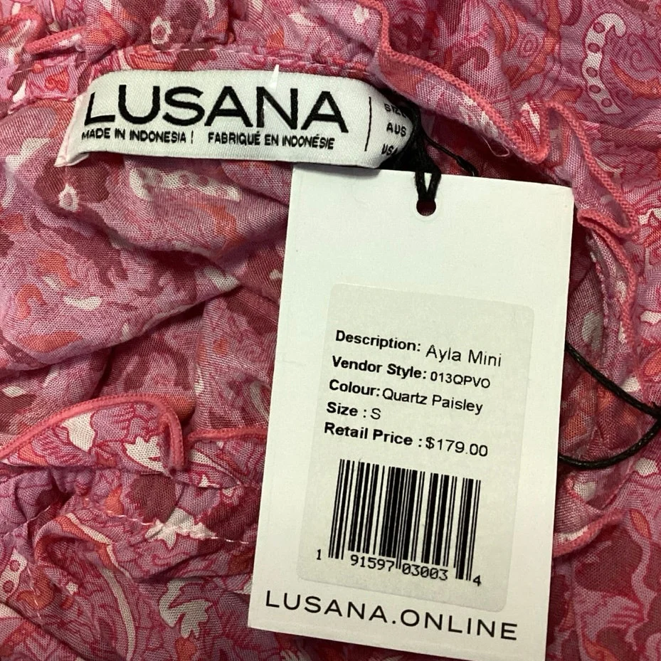 NEW Lusana Ayla Pink Paisley Puff Sleeve Belted Tiered Mini Fit & Flare Dress S - Image 4
