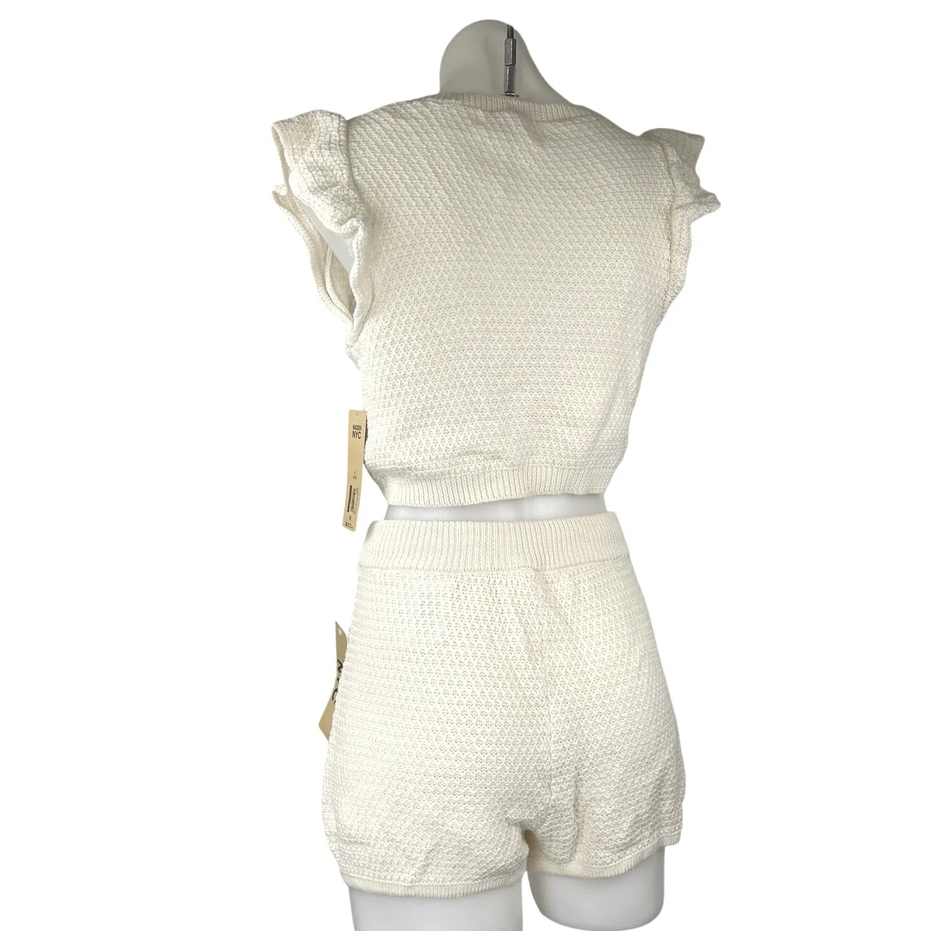 NEW Madden NYC White Knit Crochet Ruched Crop Top Mini Shorts 2-Piece Set Sz S/M - Image 2