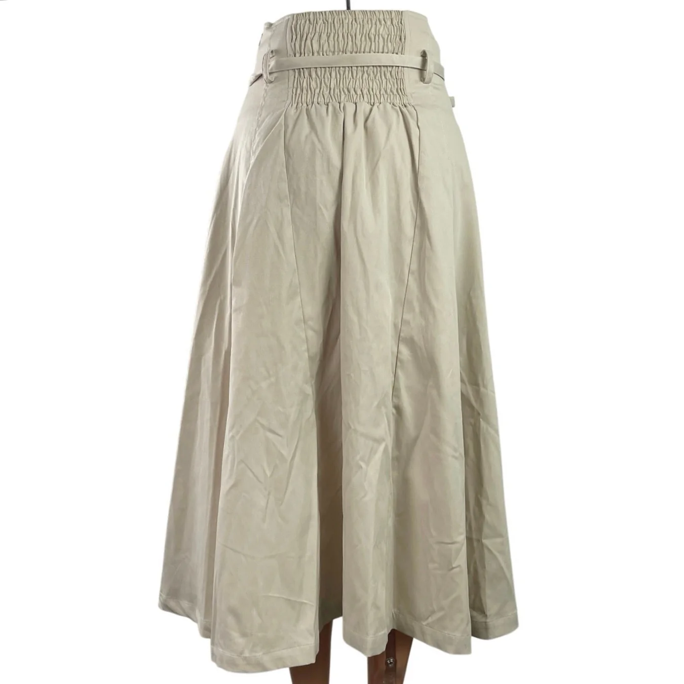 NEW Majestic Legon Beige High Waisted Smocked Tie Pleated A Line Mini Skirt Sz S - Image 3