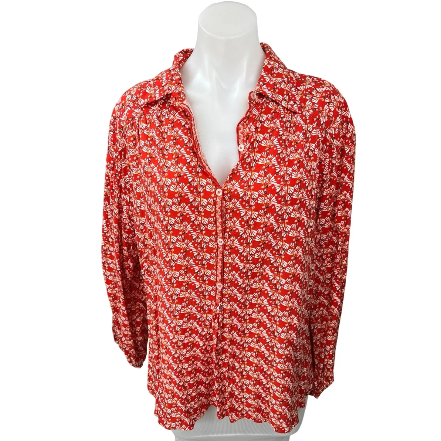 NEW Max Studio Red Floral Print Button Up Collar Long Sleeve Shirt Blouse Top L