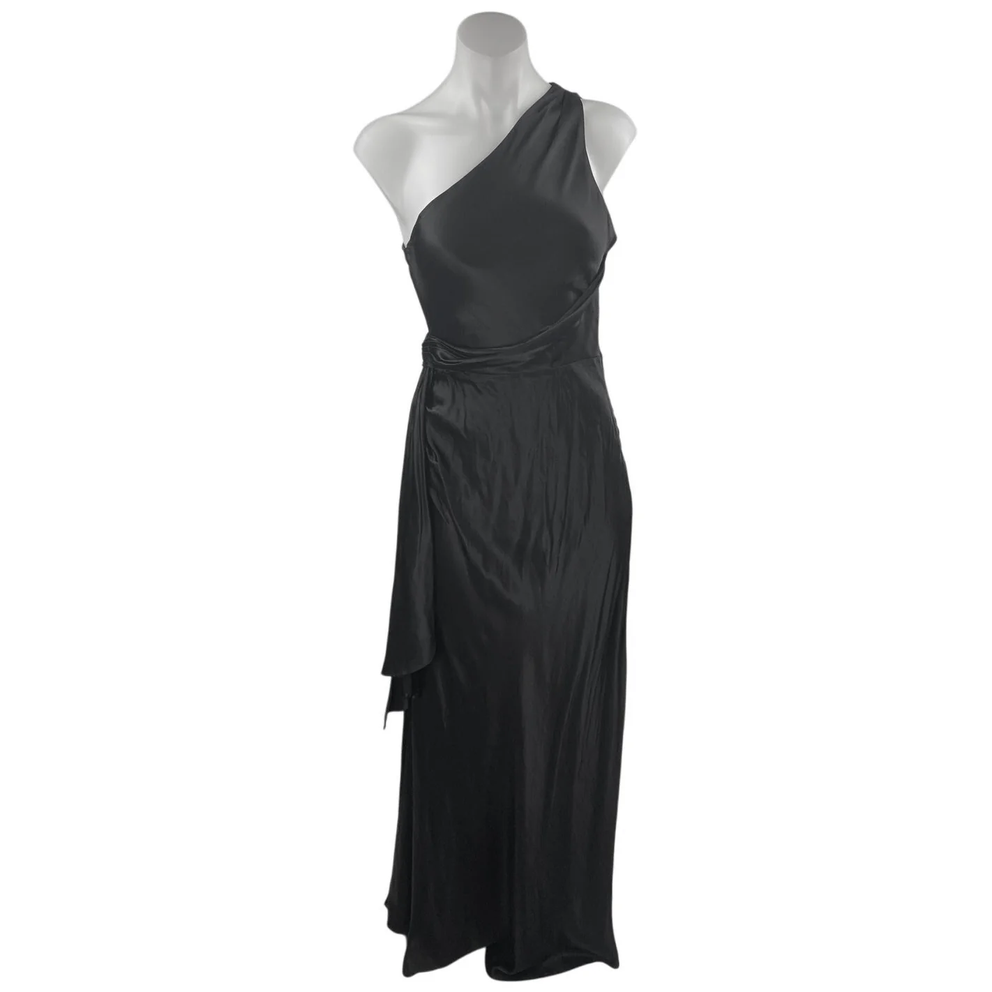 NEW Meshki Black Silk Satin One Shoulder Sleeveless Tie Waist Maxi Dress Size S