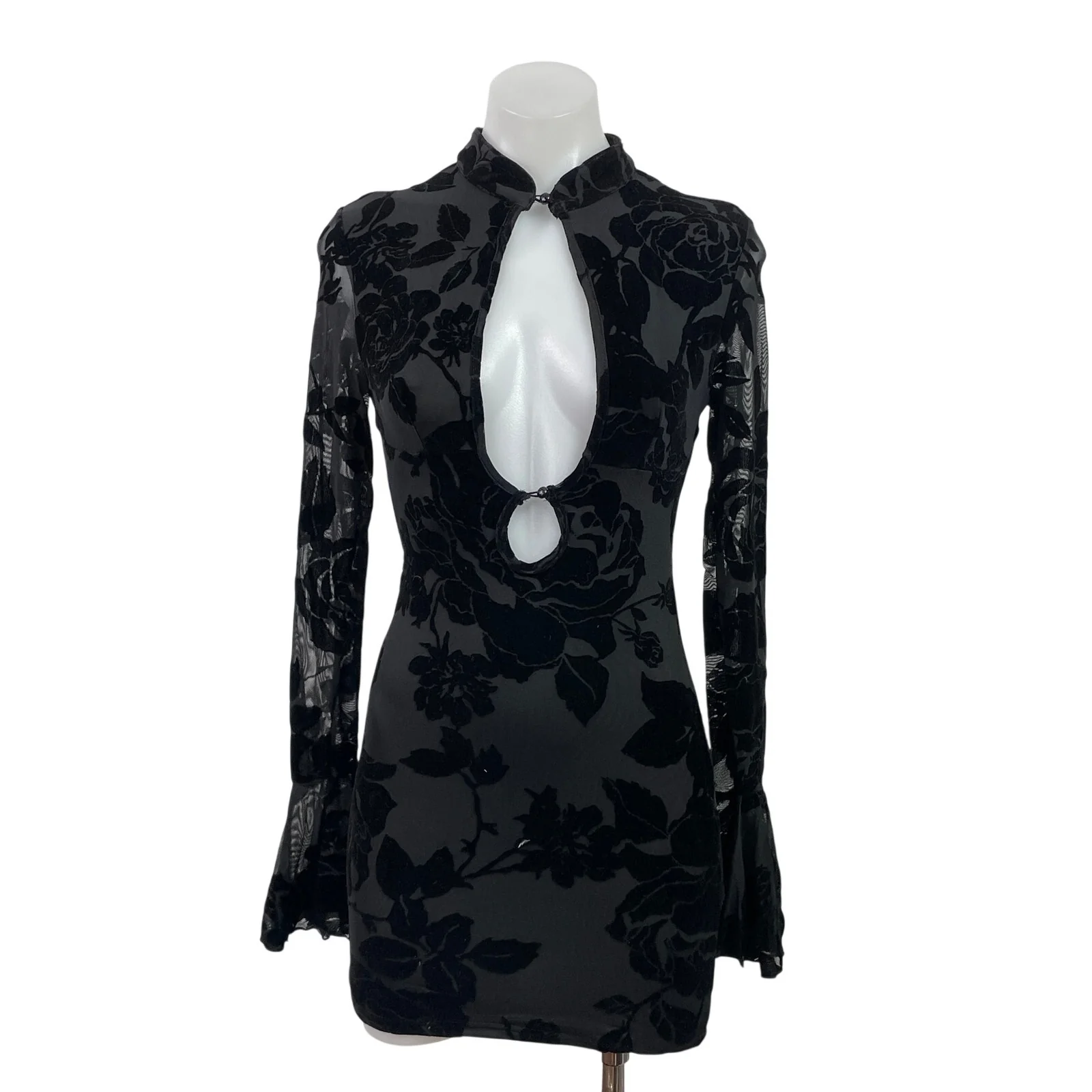 NEW Missguided Black Velvet Sheer Floral Long Bell Sleeve Mini Bodycon Dress XS