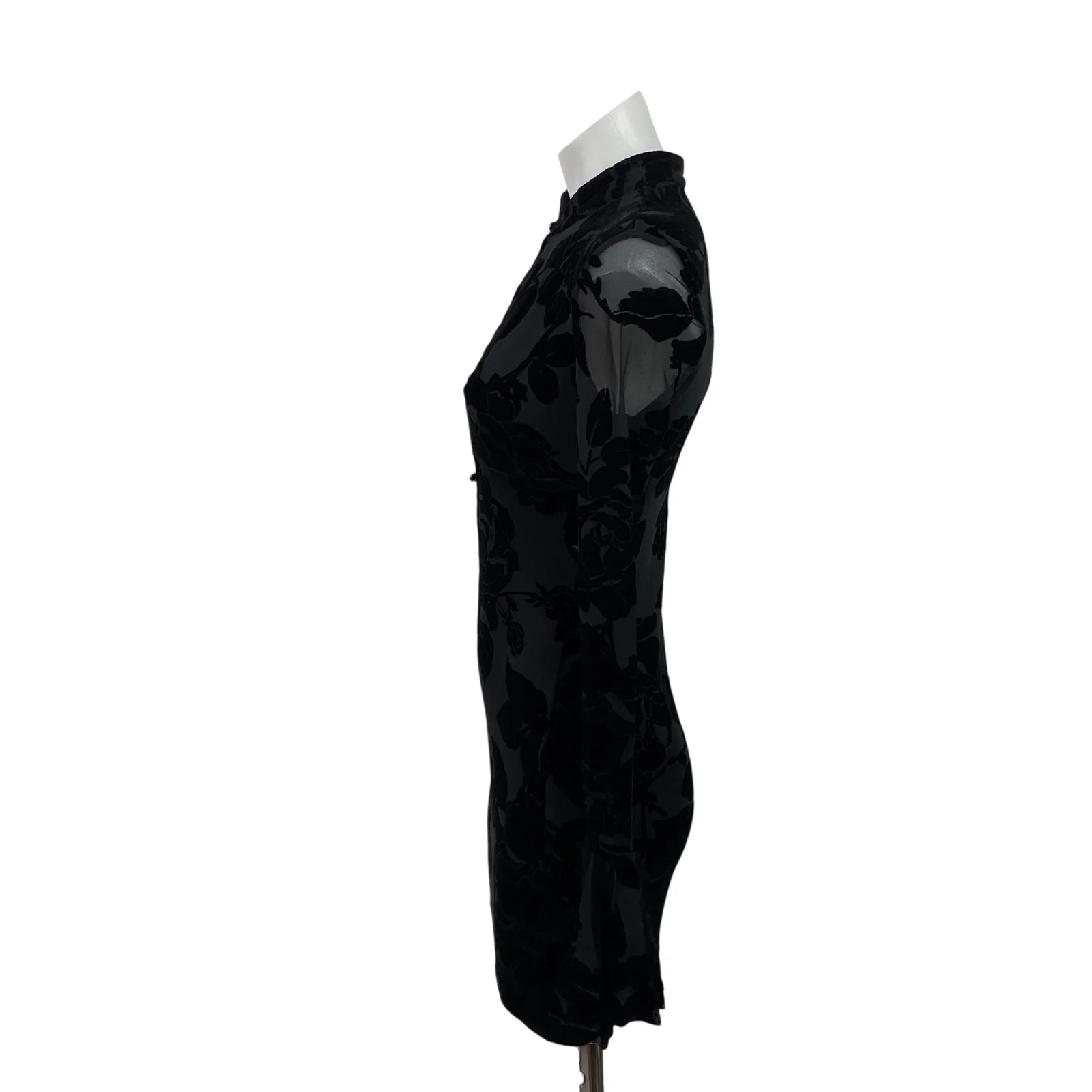 NEW Missguided Black Velvet Sheer Floral Long Bell Sleeve Mini Bodycon Dress XS - Image 2