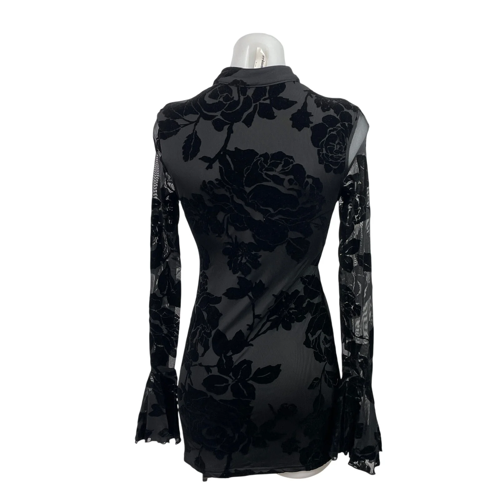 NEW Missguided Black Velvet Sheer Floral Long Bell Sleeve Mini Bodycon Dress XS - Image 3