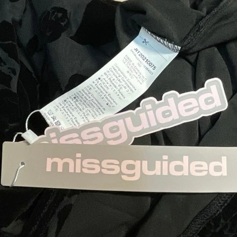 NEW Missguided Black Velvet Sheer Floral Long Bell Sleeve Mini Bodycon Dress XS - Image 5