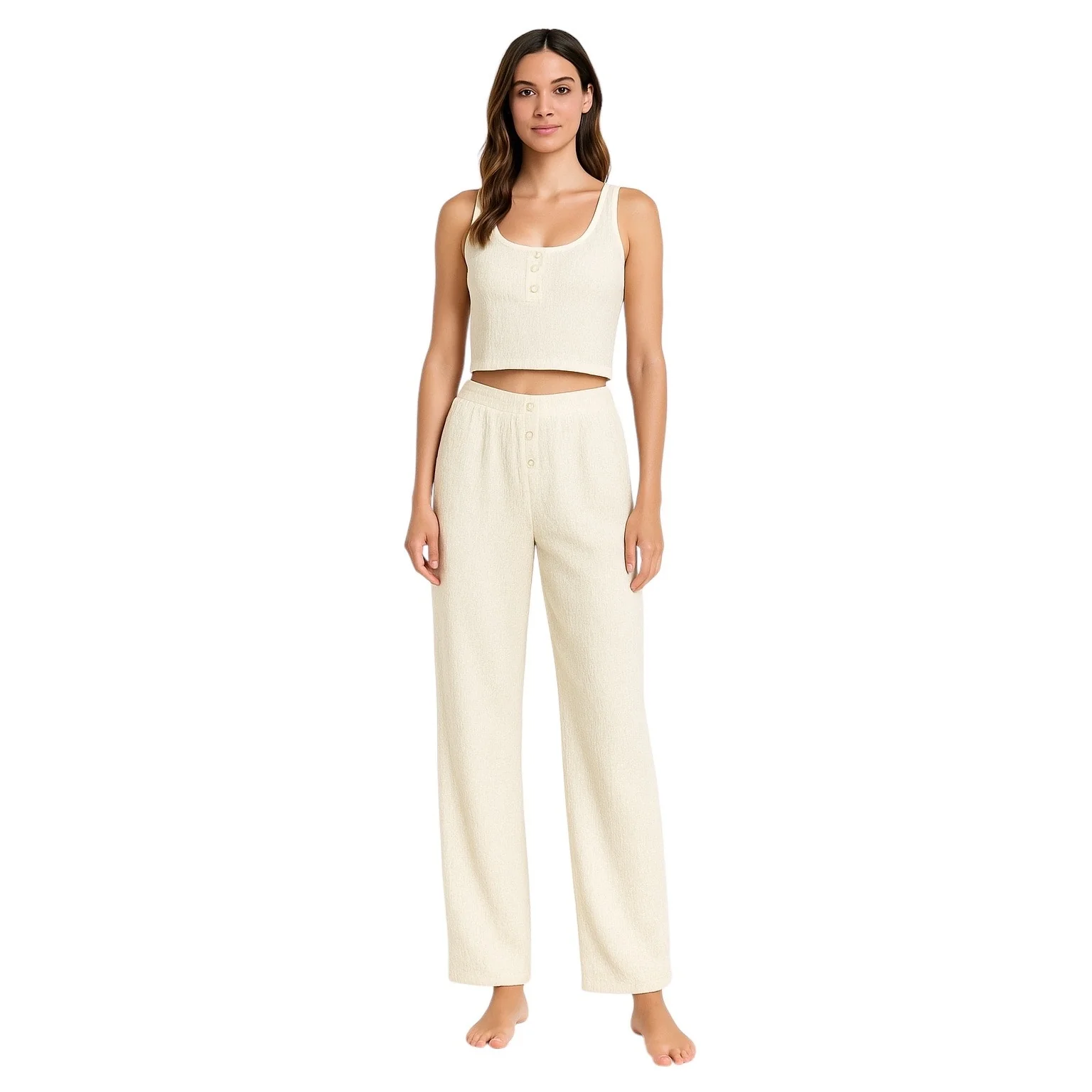 NEW Missguided Cream Crinkle Vest Sleeveless Crop Top Trousers Pajamas Set Sz 8 - Image 2
