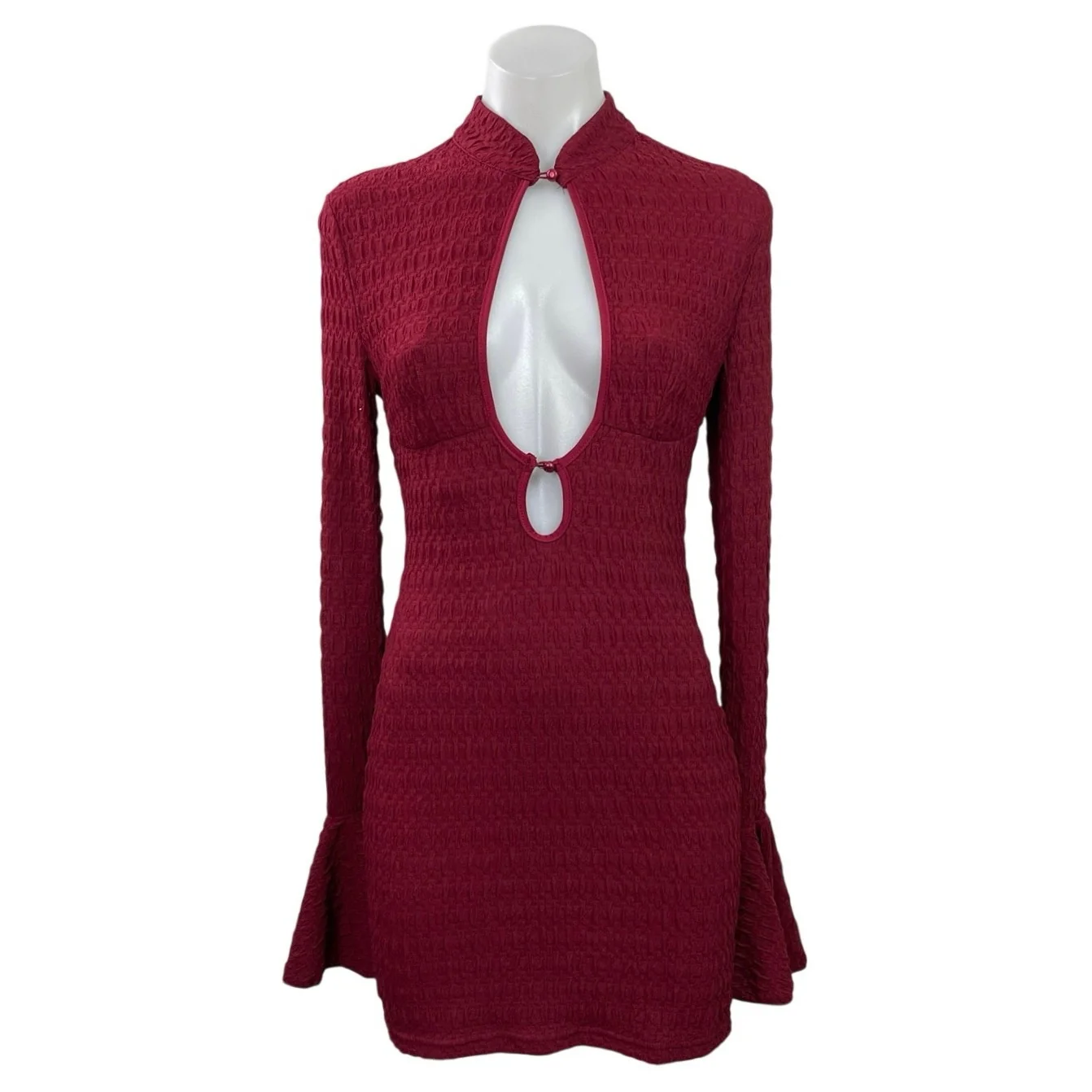 NEW Missguided Red Textured Cutout Long Bell Sleeve Mock Mini A Line Dress XS
