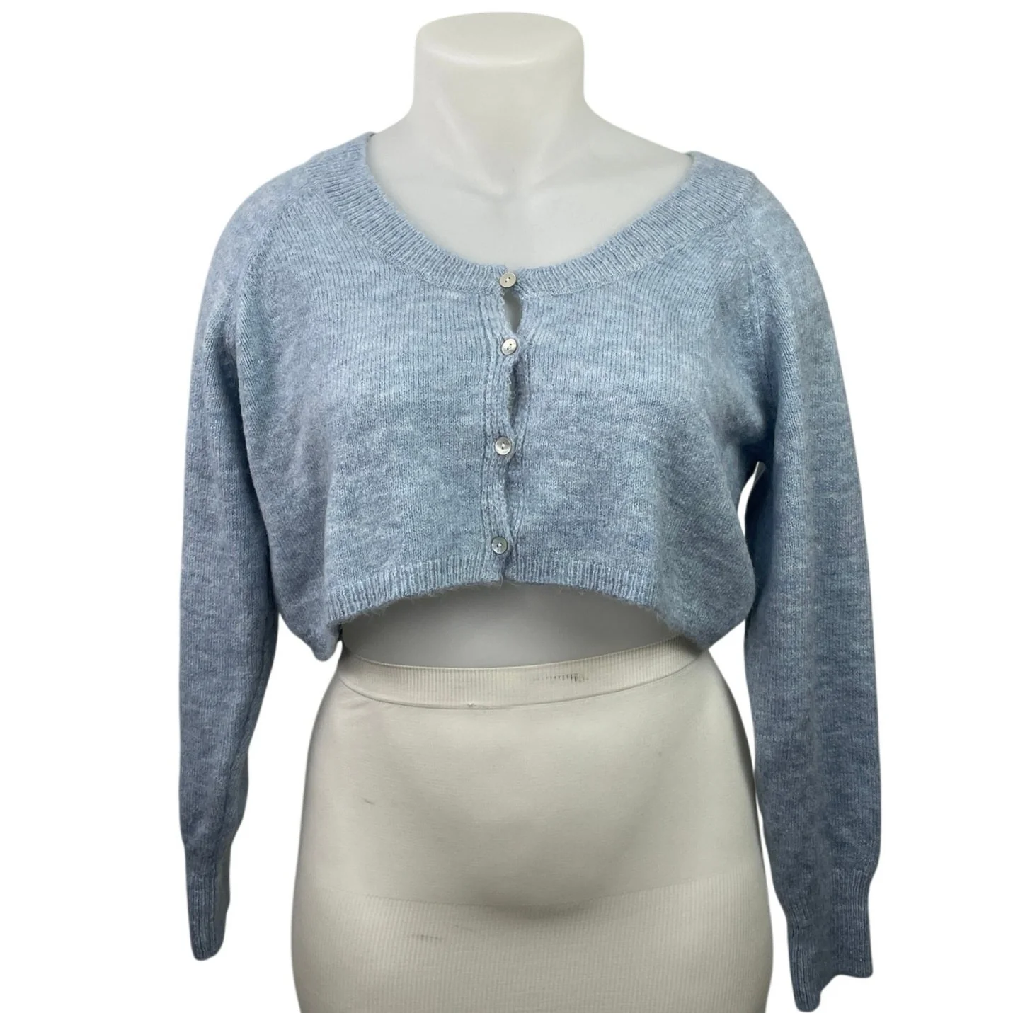 NEW MNG Mango Blue Knitted Long Sleeve Button Down Crop Cardigan Sweater Top XL