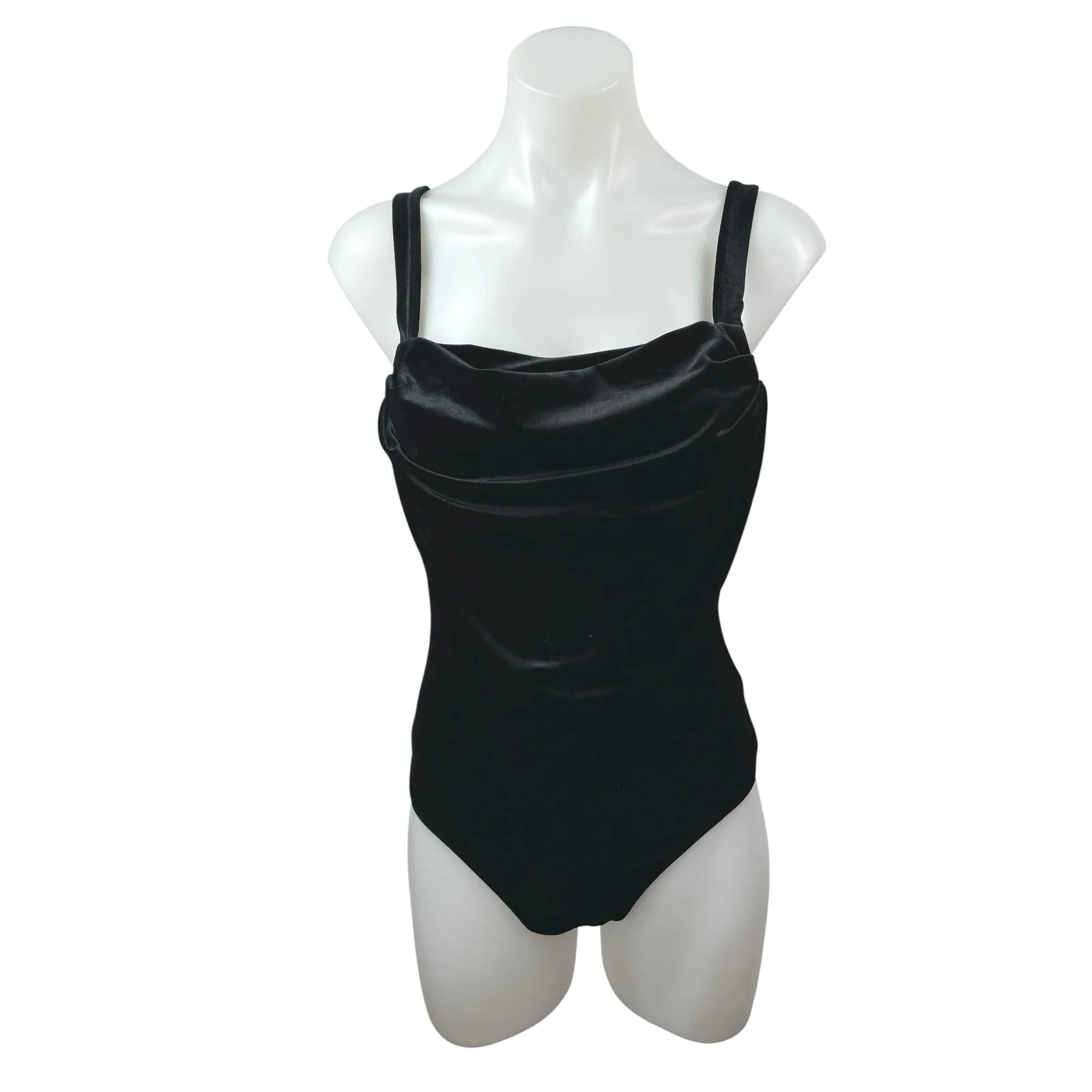 NEW MNG Mango Women Black Velvet Velour Cowl Neck Cami Tank Bodysuit Top Size S