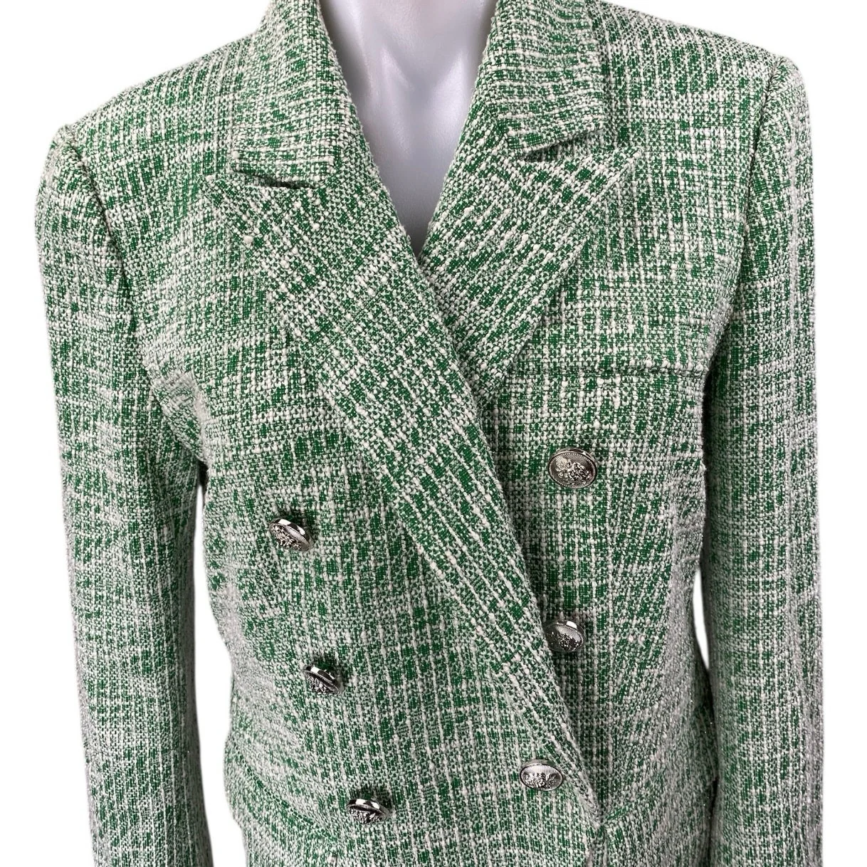NEW Modern Works Women's Green Metallic Tweed Double Breasted Blazer Jacket M - Image 3