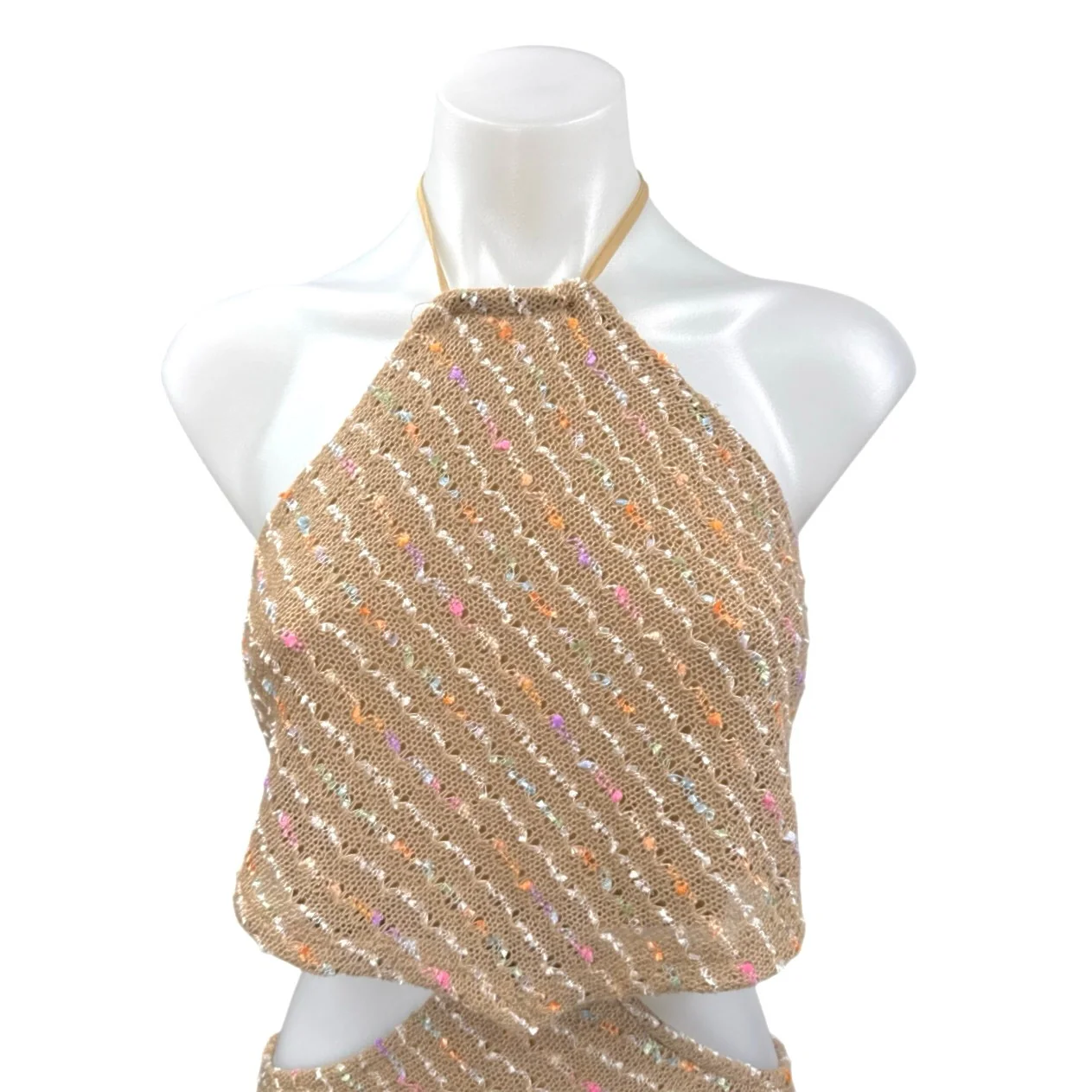 NEW Molly Green Brown Sleeveless Knitted Halter Tie Cutout Mini Pencil Dress L - Image 2