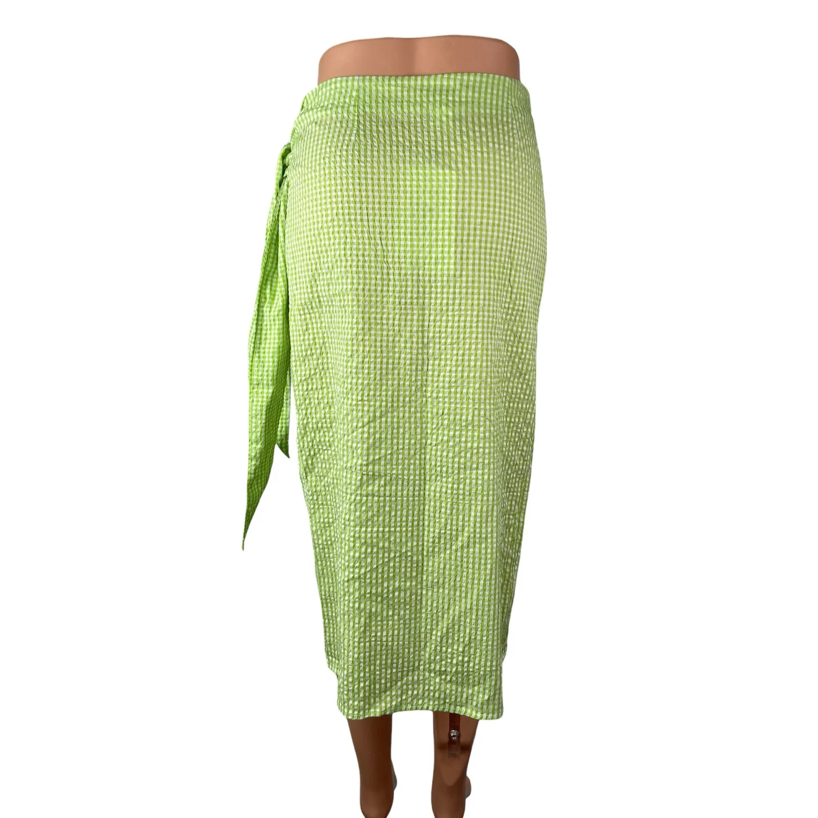 NEW Monki Women's Green Gingham Check High Rise Asymmetric Midi Wrap Skirt Sz 36 - Image 4