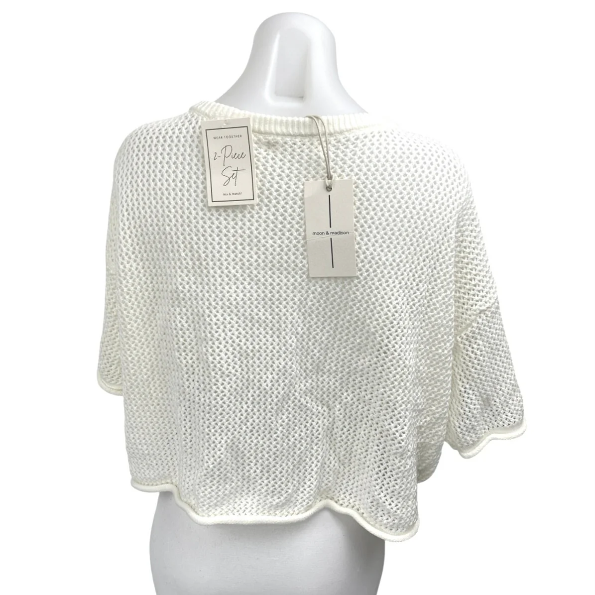 NEW Moon & Madison White Short Sleeve Henley Open Knit Sweater Crop Top Size XL - Image 2