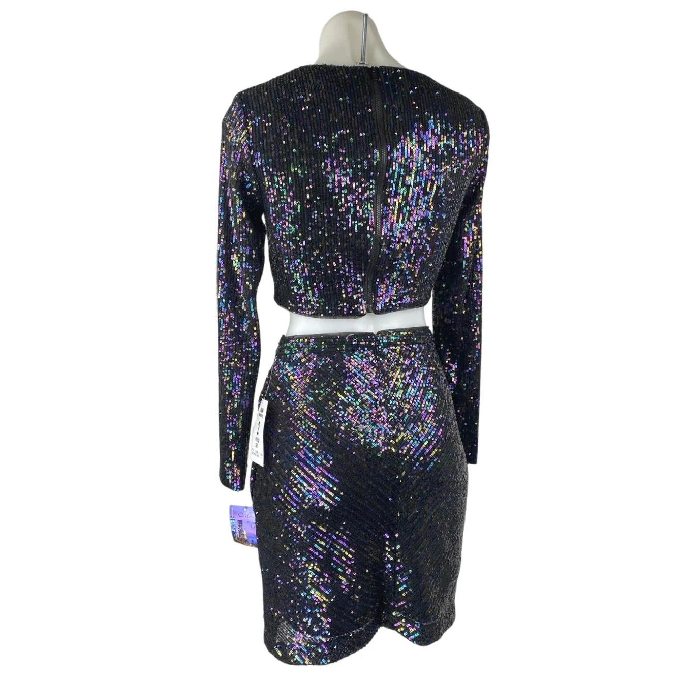 NEW Morgan & Co. Black Sequin Long Sleeve Crop Top Pencil Mini Skirt 2 Pc Set 1 - Image 3