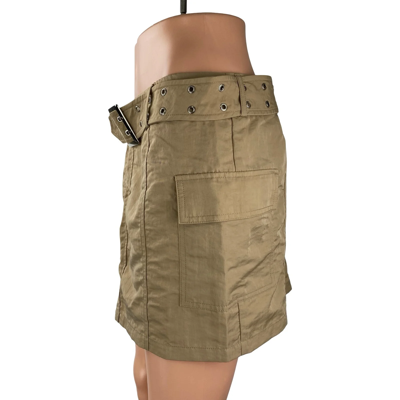 NEW NA-KD Tan Beige Khaki Low Waist Belted Utility Cargo Mini Skirt Size 6 - Image 2
