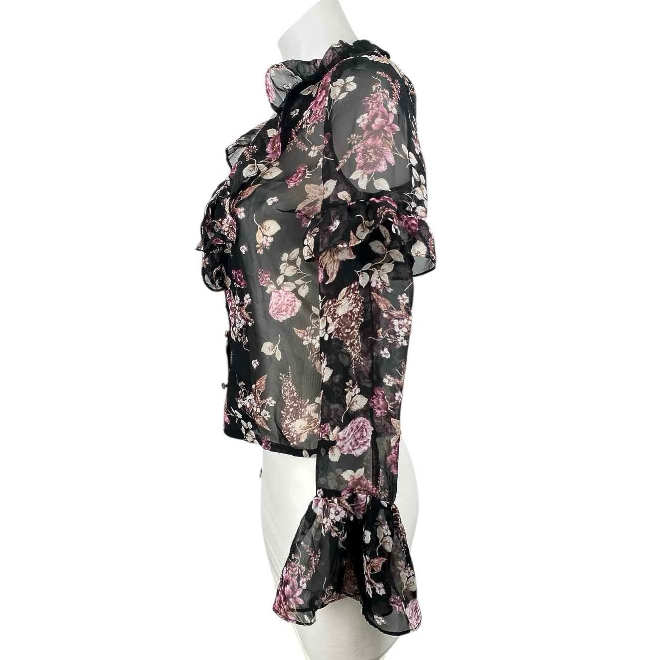 NEW Nasty Gal Black Floral Long Bell Sleeve Sheer Mesh V Neck Blouse Top Size 0 - Image 3