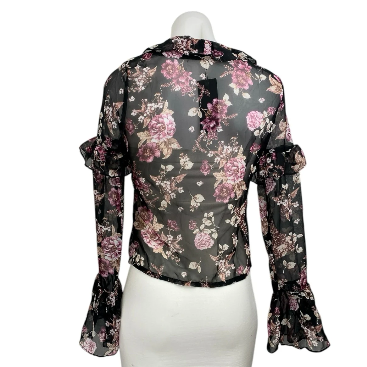 NEW Nasty Gal Black Floral Long Bell Sleeve Sheer Mesh V Neck Blouse Top Size 0 - Image 4