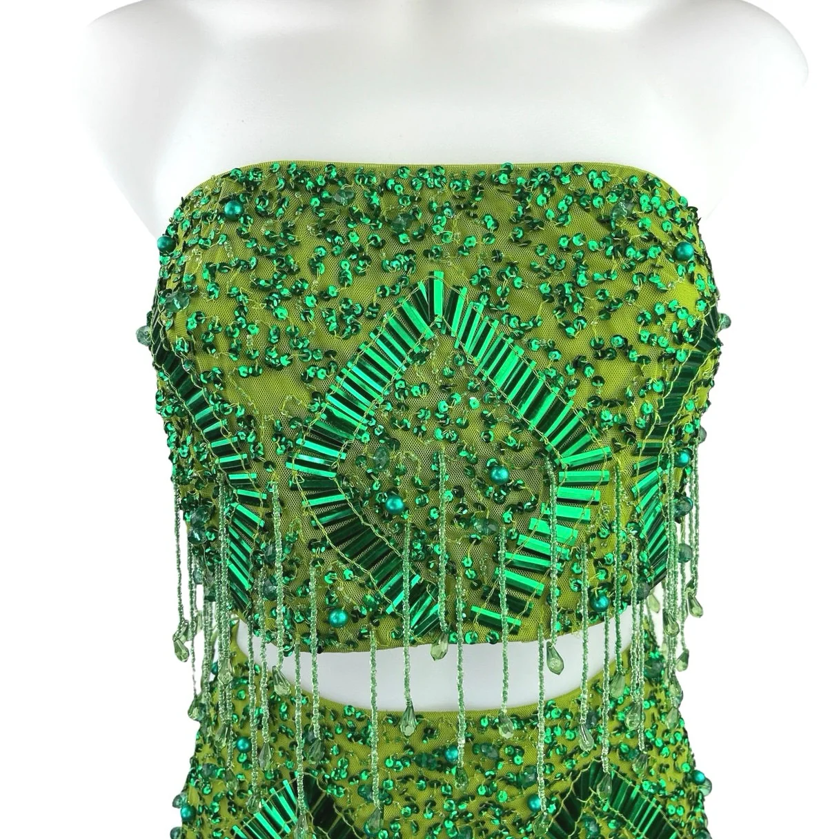 NEW Nasty Gal Green Diamante Embellished Tassel Beaded Bandeau Top Set Sz 4 - Image 3