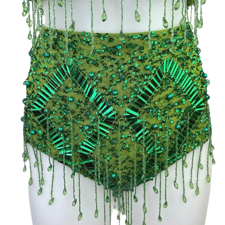 NEW Nasty Gal Green Diamante Embellished Tassel Beaded Bandeau Top Set Sz 4 - Image 4
