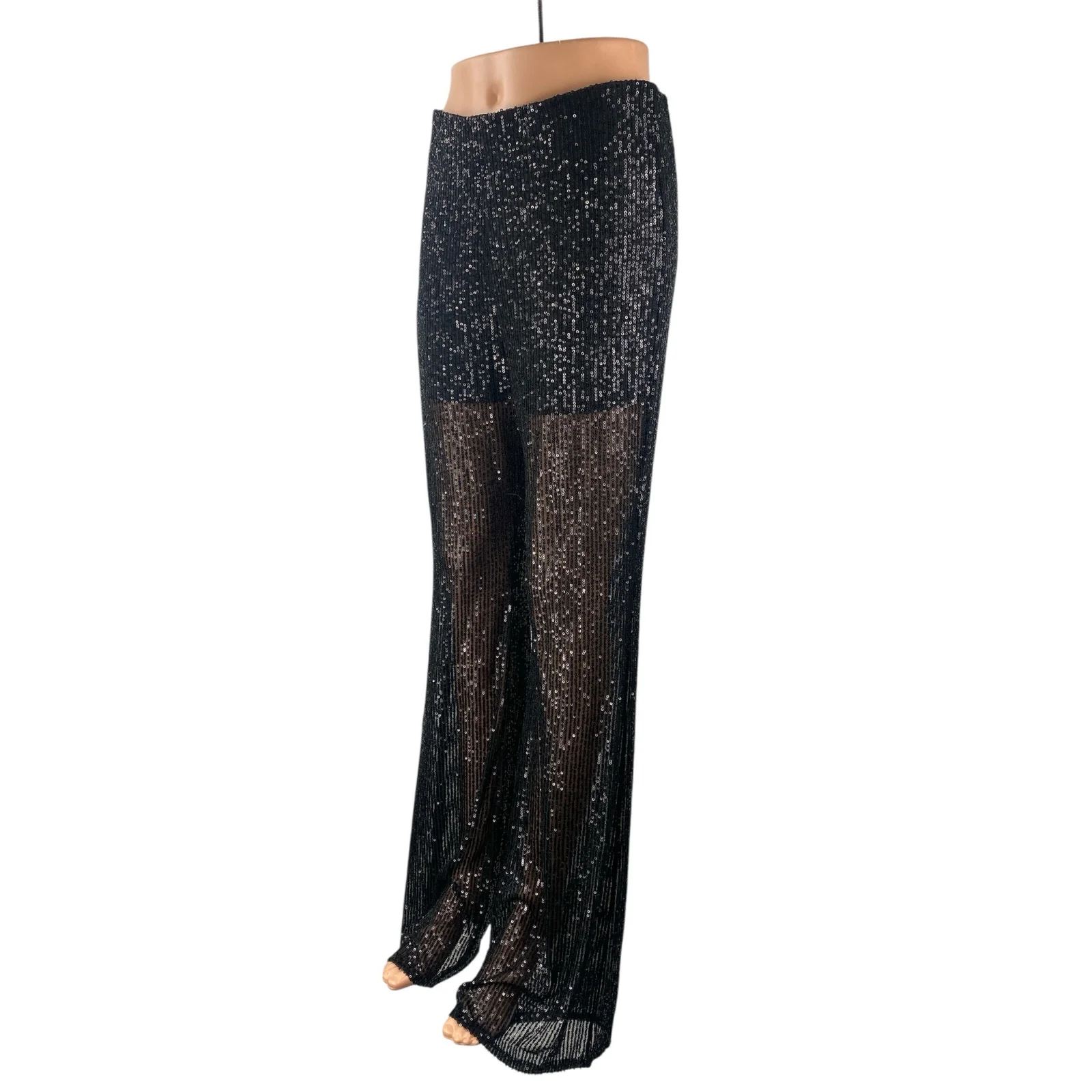 NEW Nasty Gal Women's Black Sequin Sparkly Sheer Wide Leg Trousers Pants Size 8 - Image 3