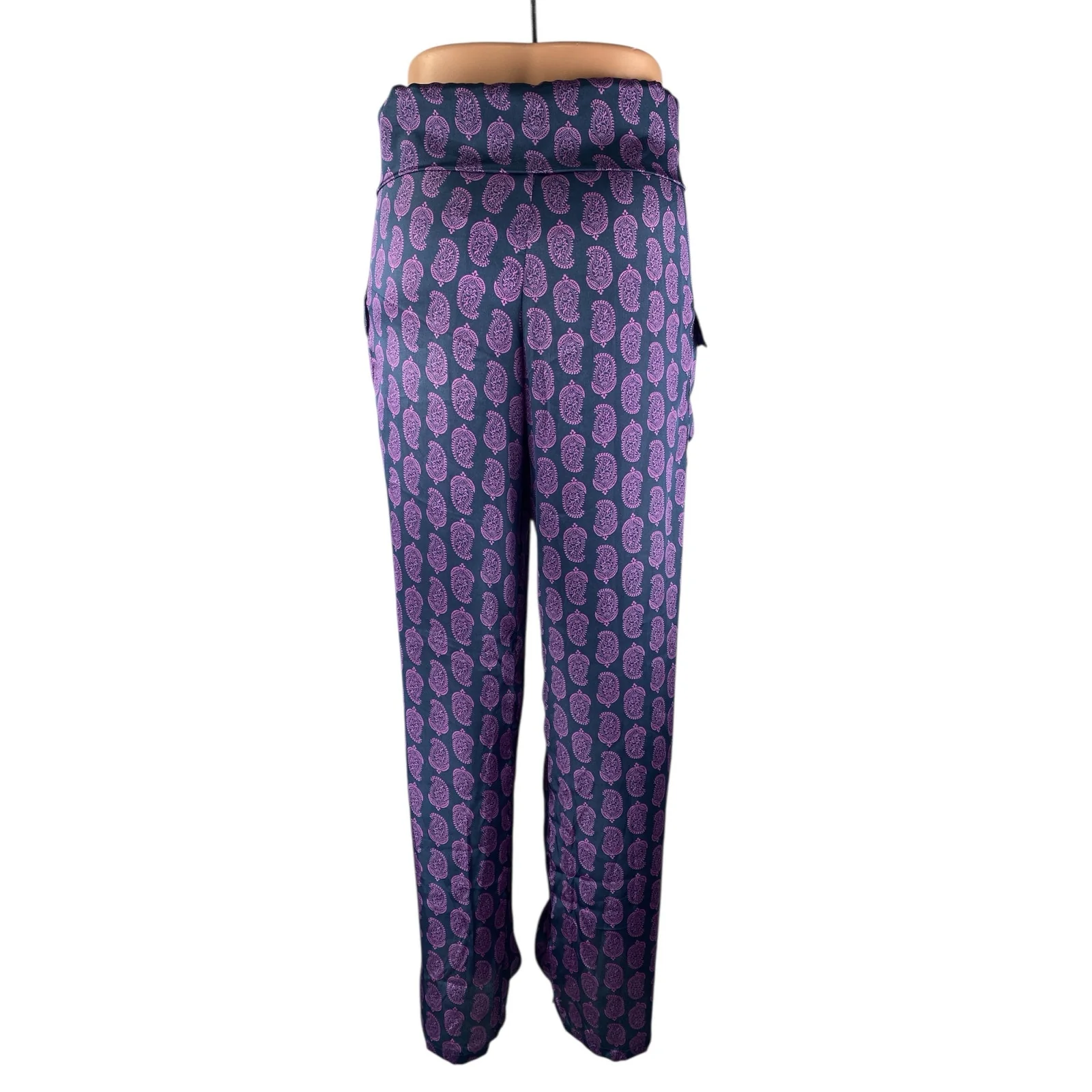 NEW Natura Women's Purple Silky Satin Paisley Pleated Straight Trousers Pants XL - Image 2