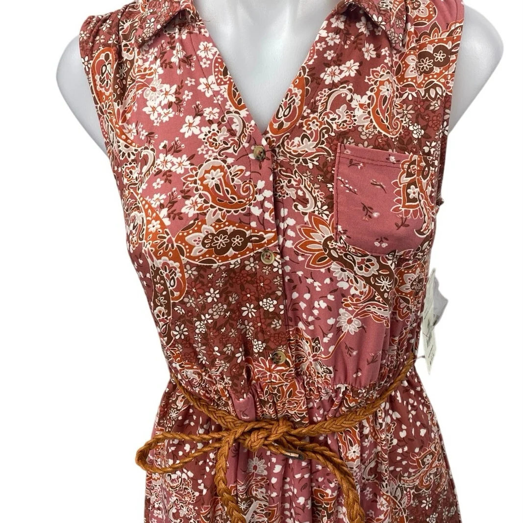 NEW No Boundaries Pink Paisley Floral Button Sleeveless Asysmetric Shirt Dress S - Image 3