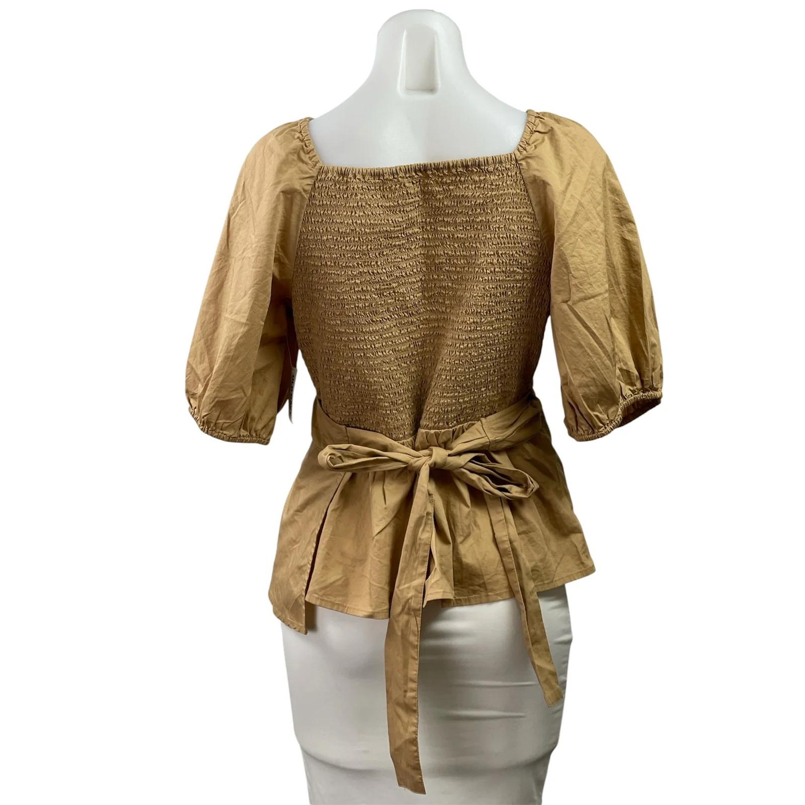 NEW Old Navy Brown Short Puff-Sleeve Smocked Back V-neck Wrap Tie Blouse Top L - Image 3