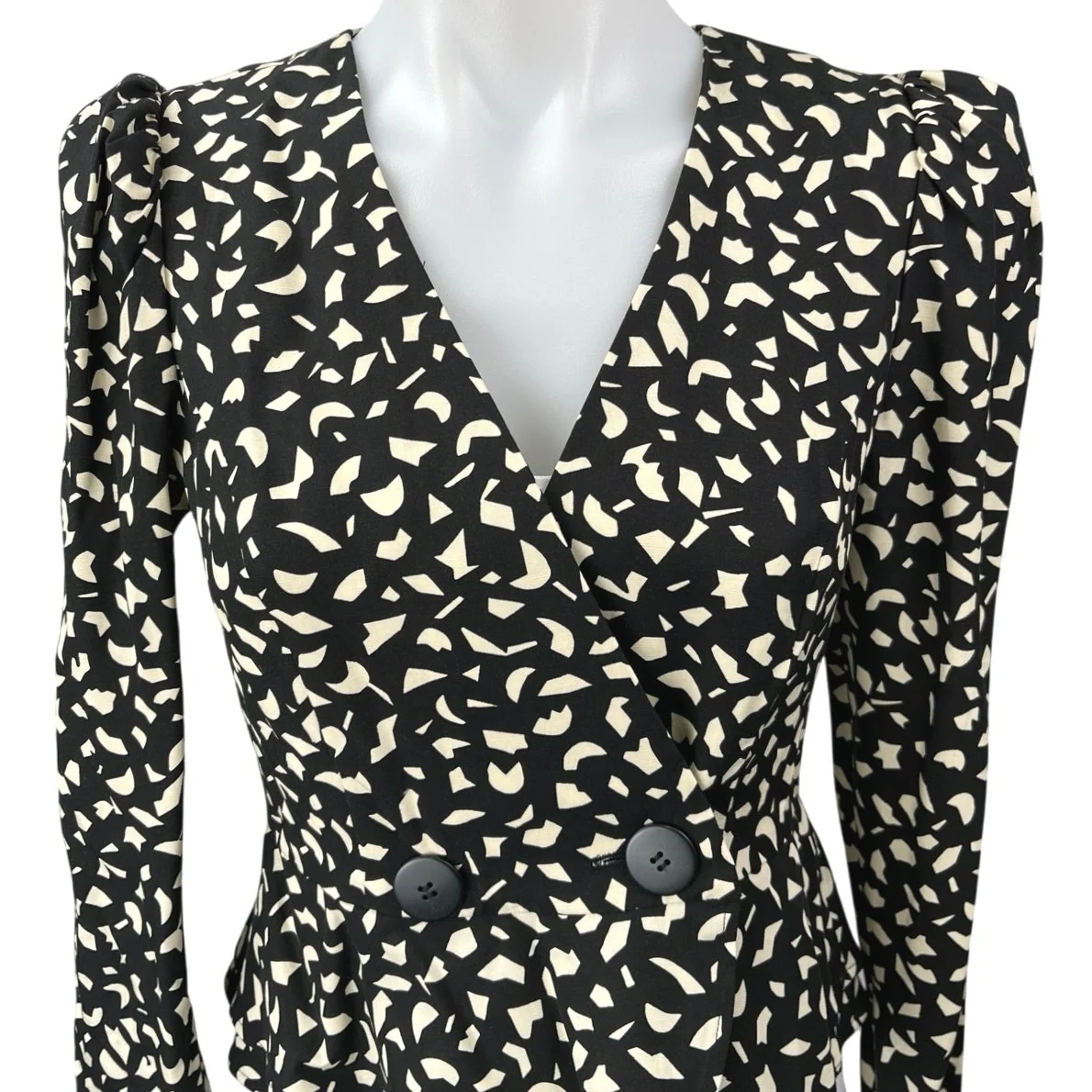 NEW & Other Stories Black White Long Puff Sleeve Button Peplum Wrap Blouse Top 4 - Image 3