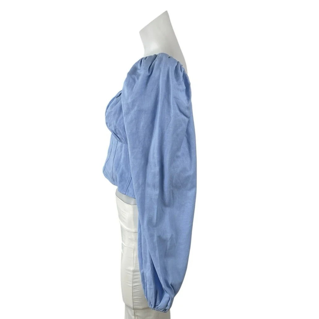 NEW & Other Stories Blue Linen Puff Sleeve Smocked Slim Crop Corset Blouse Top 8 - Image 2