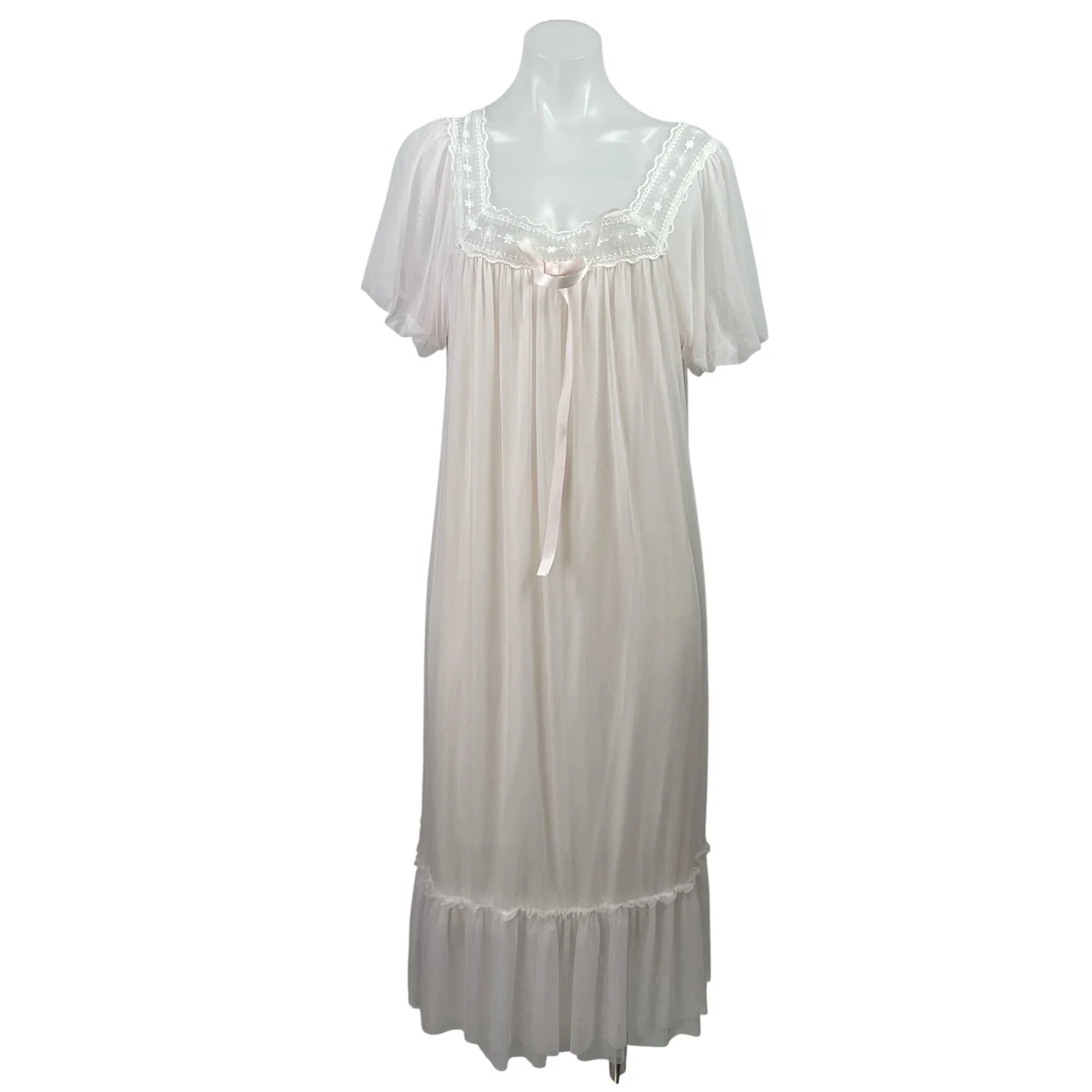 NEW Pansleejoy Pink Lace Short Sleeve Maxi Sleepwear Pajamas Nightgown Size S