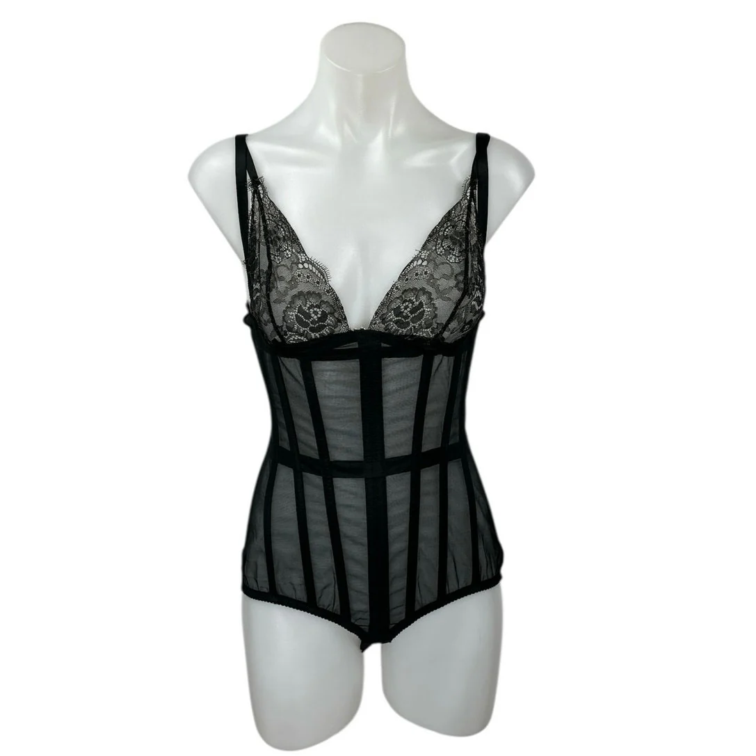 NEW Perfect Corset Cape Form Black Mesh Sheer Lace Up Back Coset Bodysuit Size M
