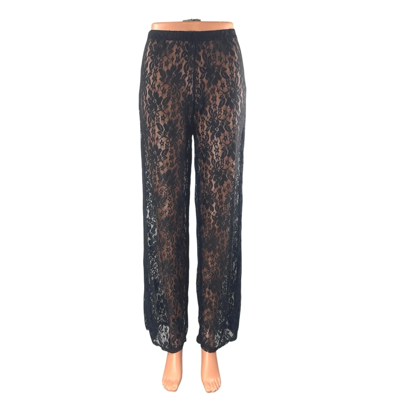 NEW PrettyLittleThing Black Floral Lace Sheer Wide Leg Trousers Pants Size 4