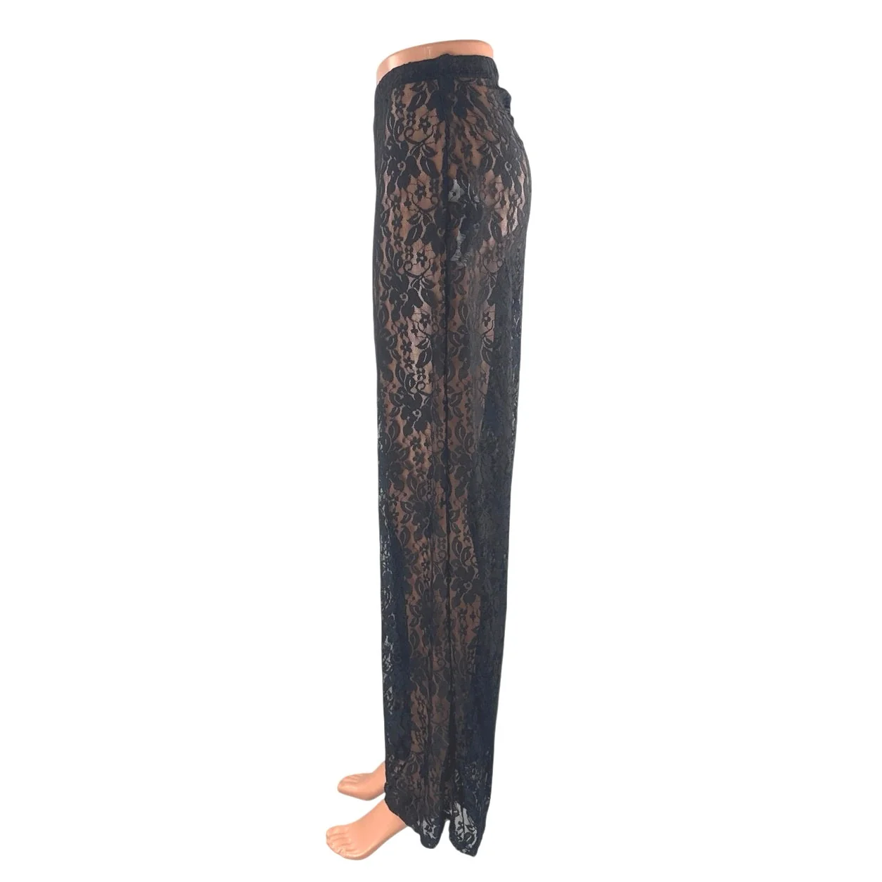 NEW PrettyLittleThing Black Floral Lace Sheer Wide Leg Trousers Pants Size 4 - Image 2