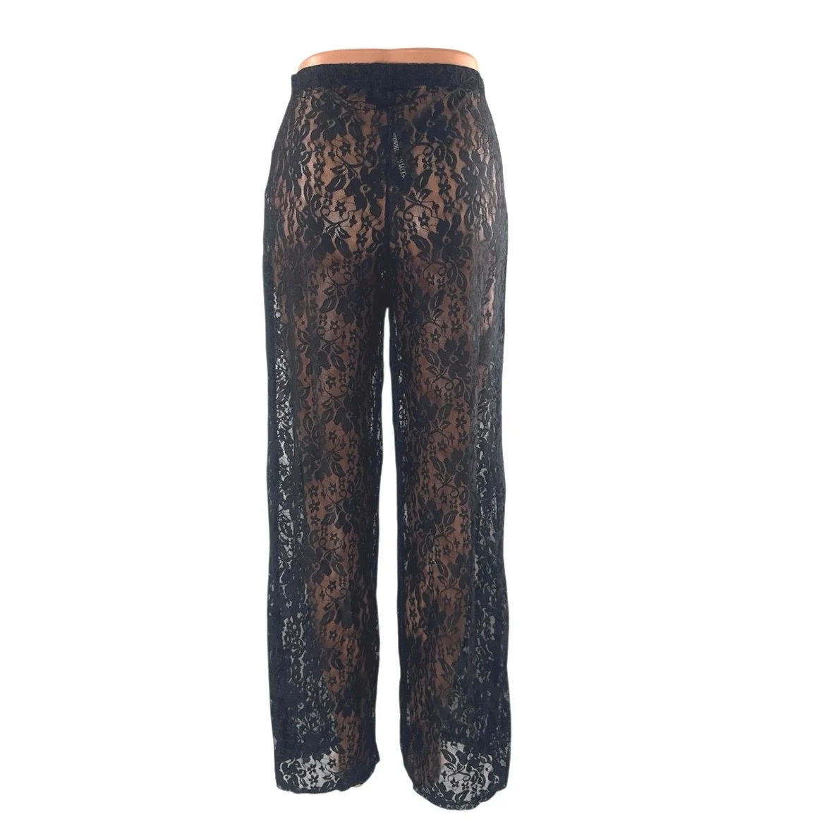 NEW PrettyLittleThing Black Floral Lace Sheer Wide Leg Trousers Pants Size 4 - Image 3